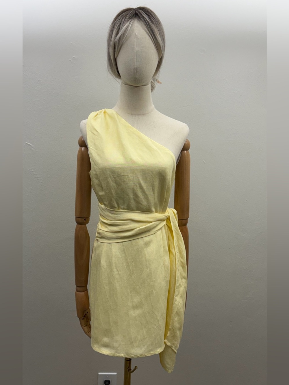 NWT French Connection Birdie Linen One Shoulder Mini Dress Yellow US 6 Linen